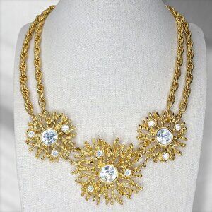 Vtg KJL For Avon Gold-Tone Sunburst Statement Necklace Rhinestones 1980s Signed